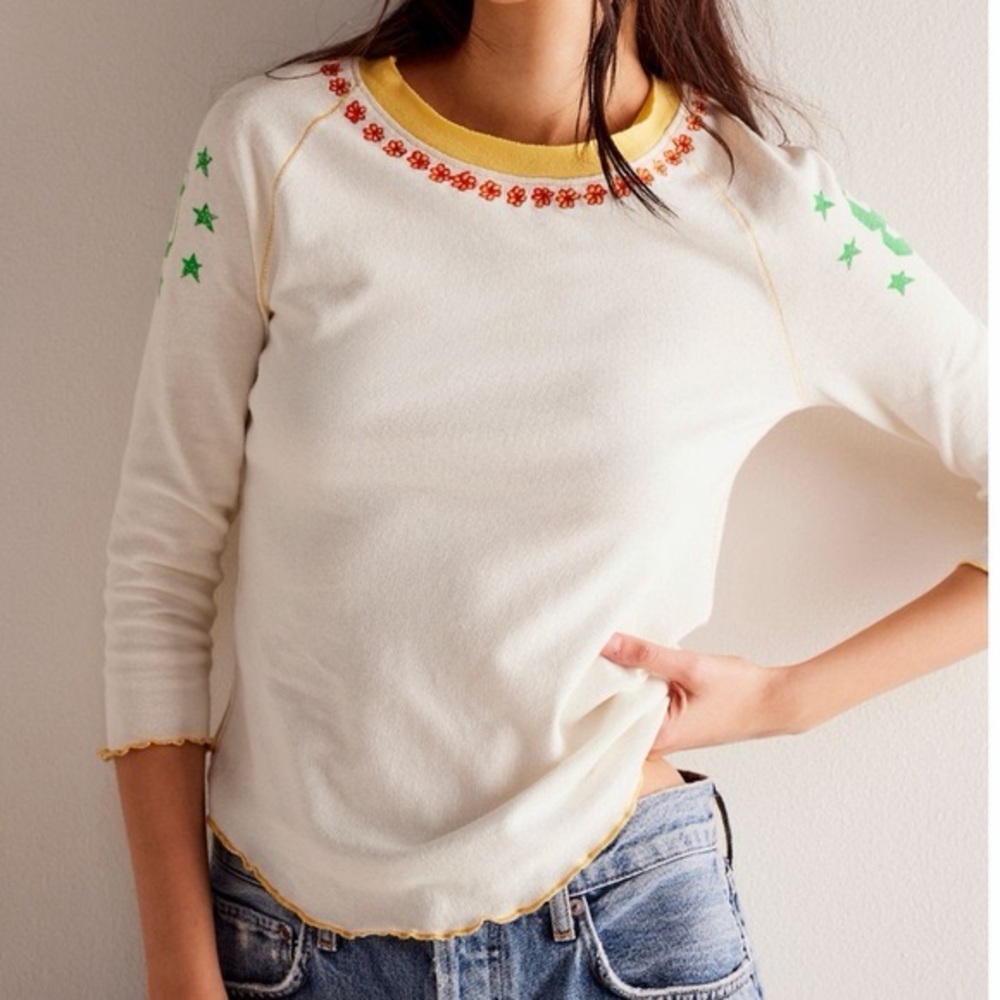 Free People We The Free 5-Star White Embroidered Raglan 3/4 Sleeve Crewneck Tee